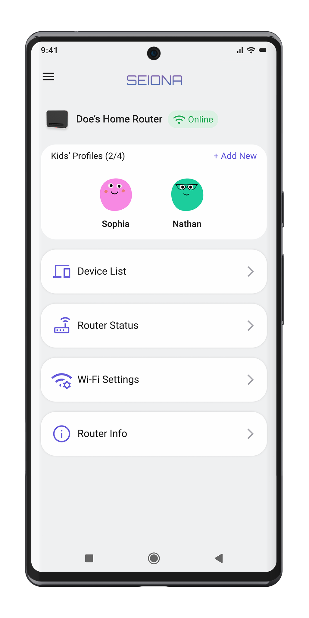 SEIONA App Dashboard Interface